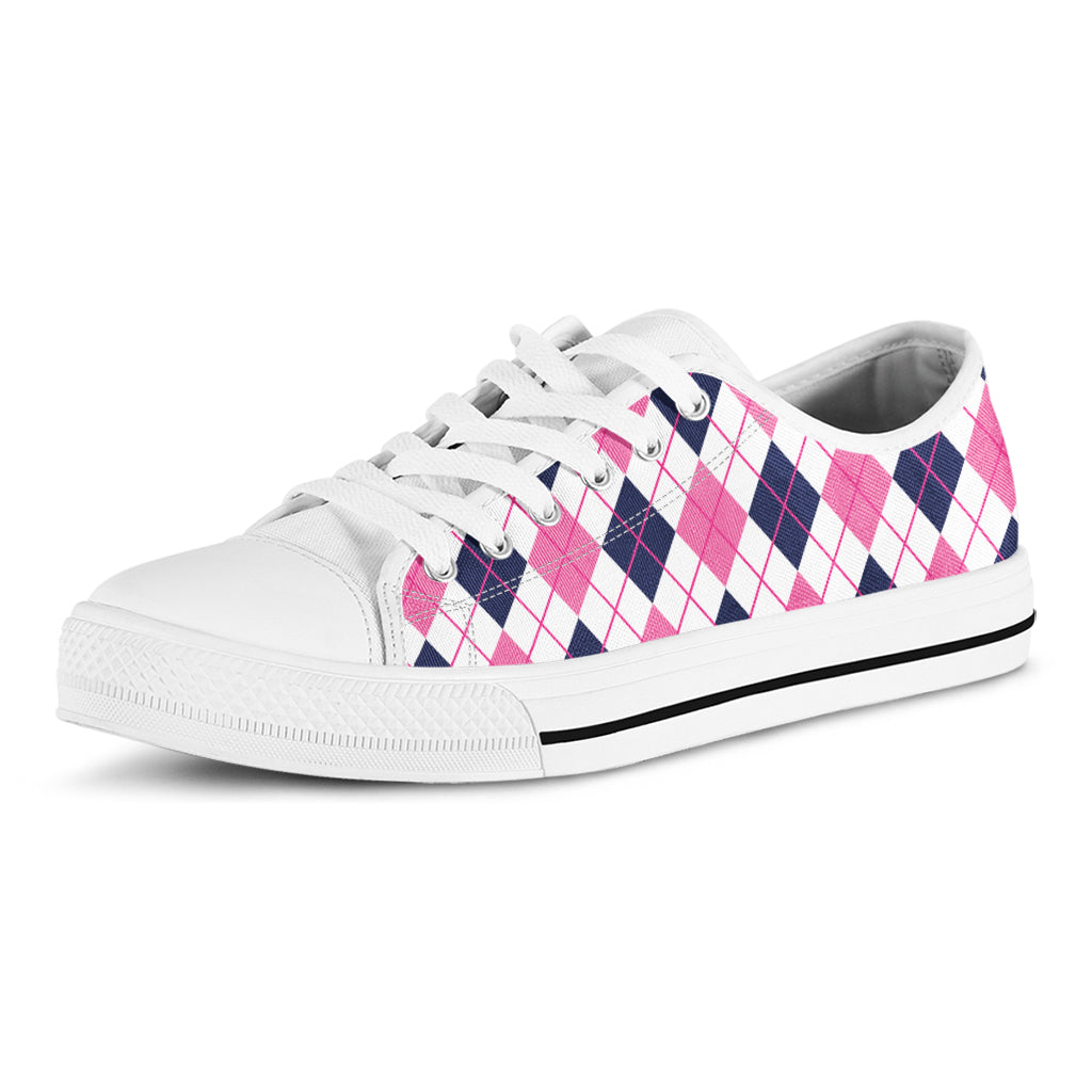 White Pink And Blue Argyle Pattern Print White Low Top Sneakers
