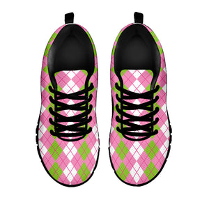 White Pink And Green Argyle Print Black Running Shoes