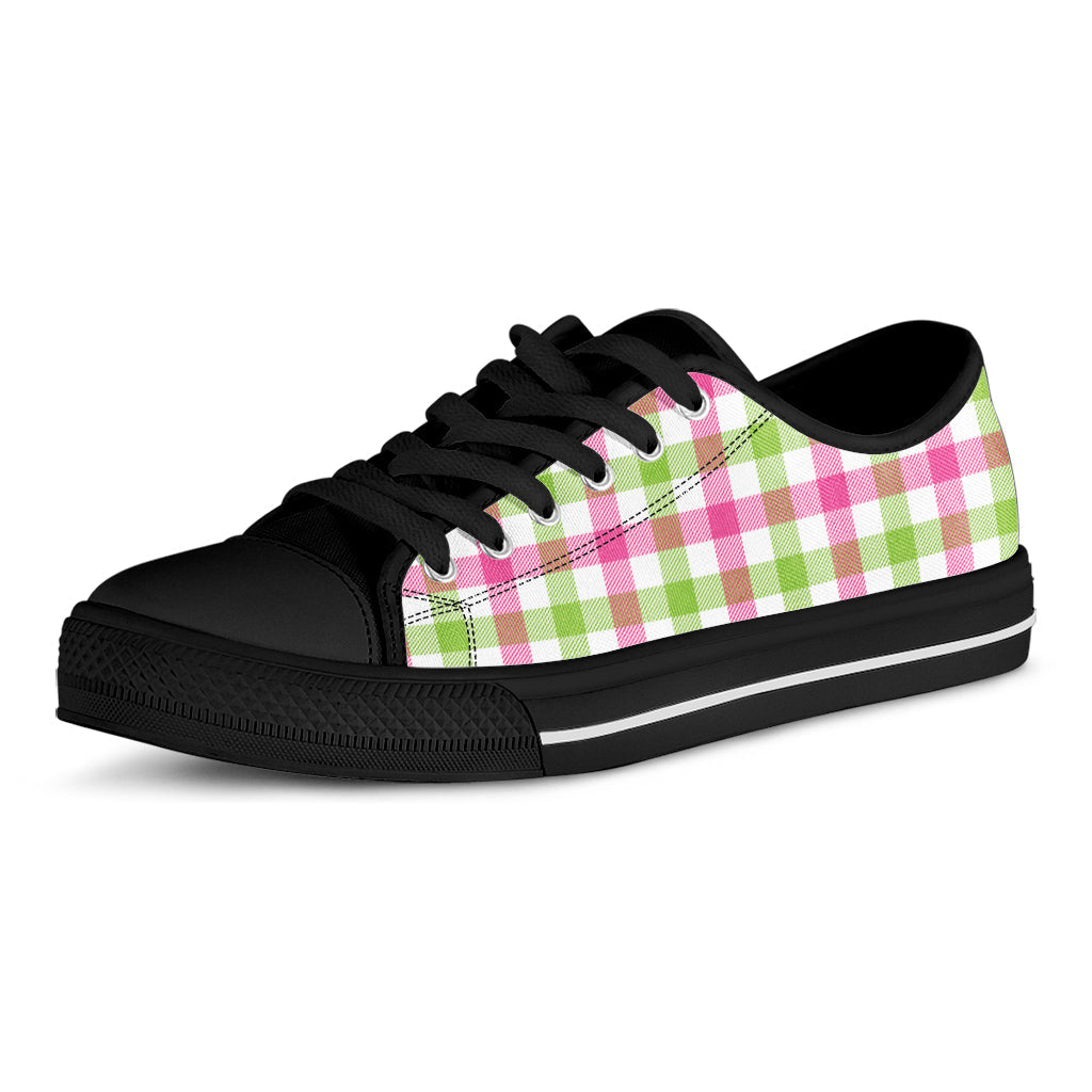 White Pink And Green Buffalo Plaid Print Black Low Top Sneakers
