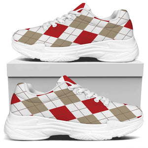 White Red And Beige Argyle Pattern Print White Chunky Shoes