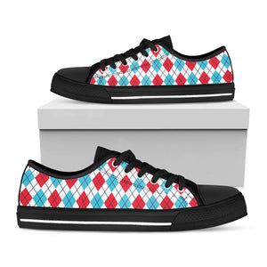 White Red And Blue Argyle Pattern Print Black Low Top Sneakers