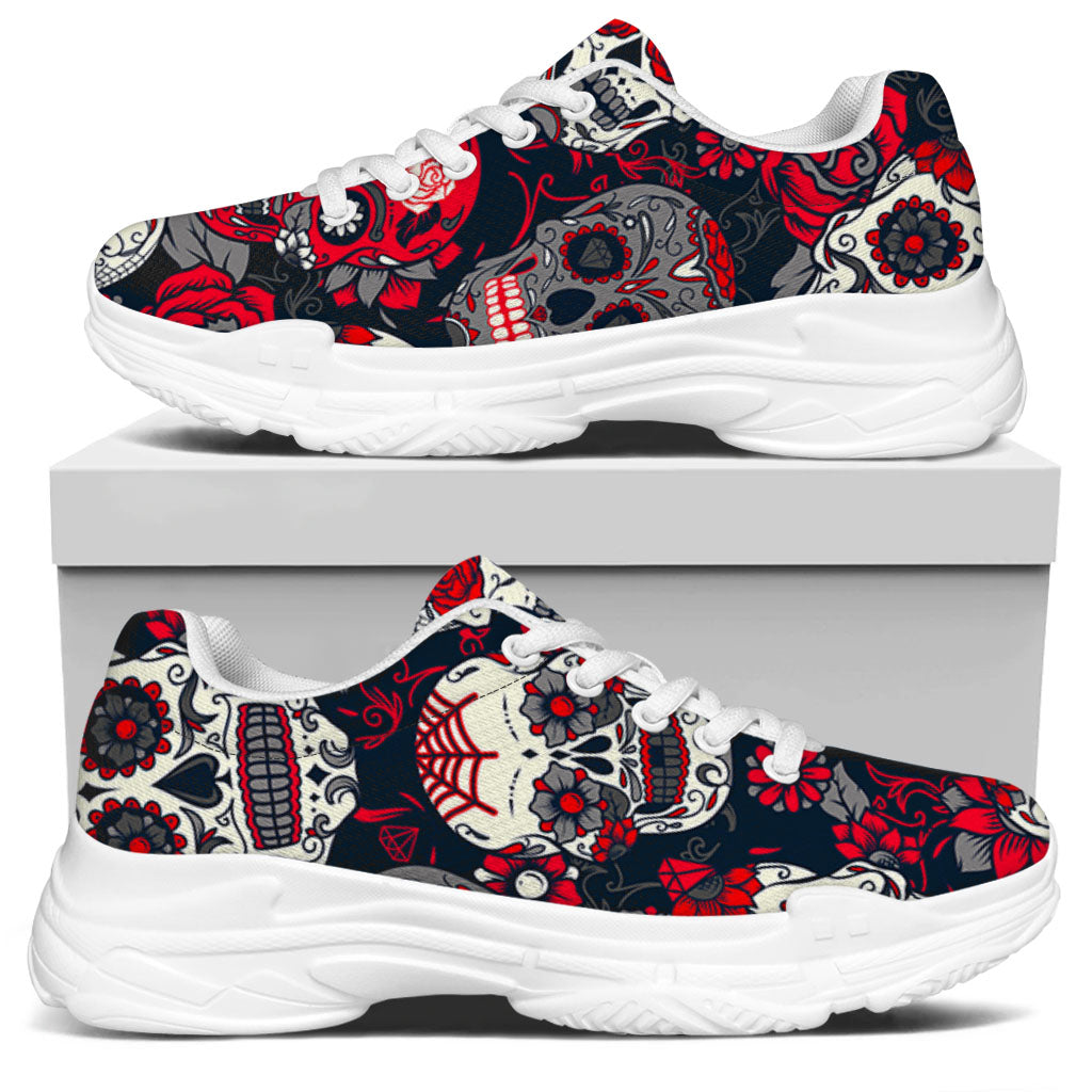White Red Sugar Skull Pattern Print White Chunky Shoes