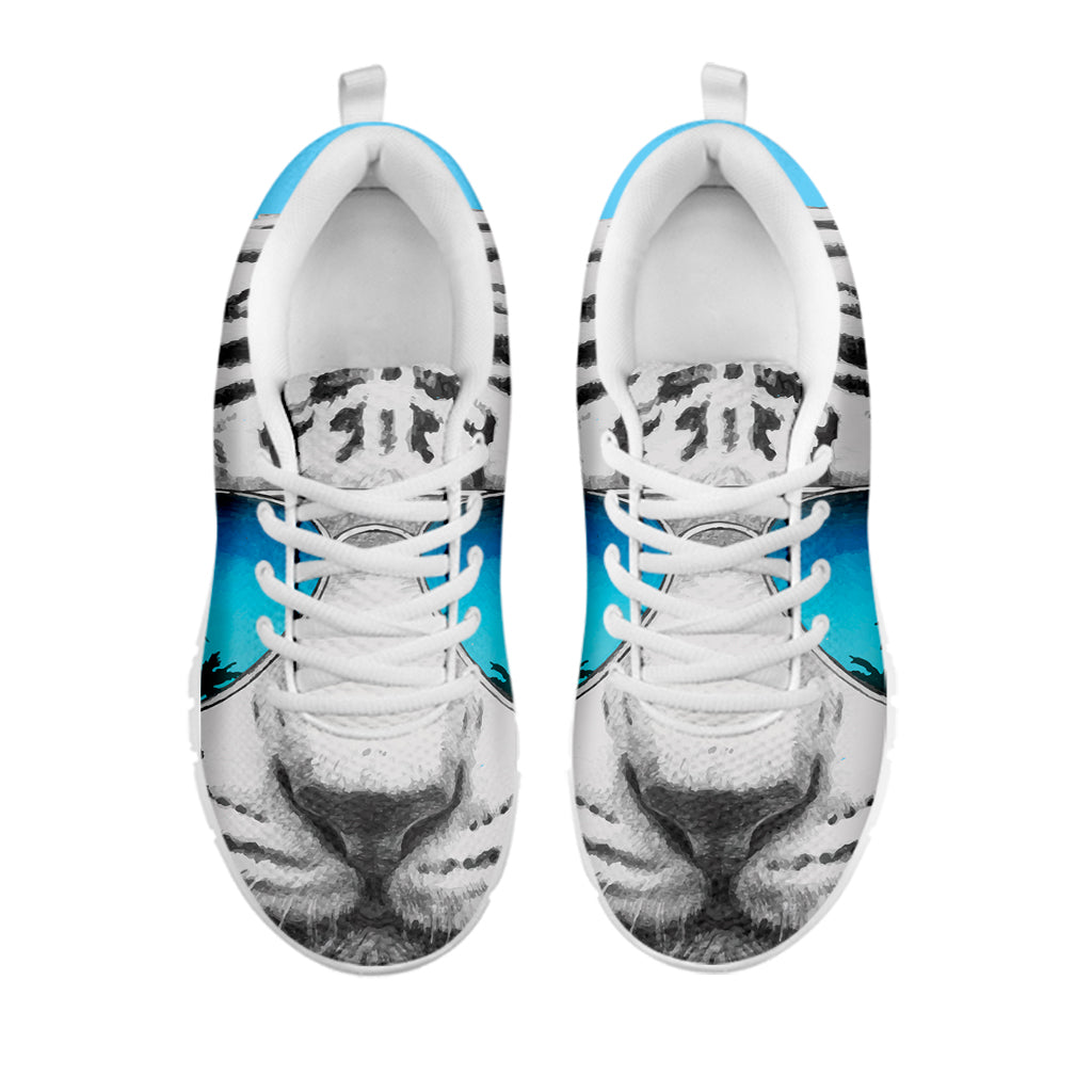 White Tiger With Sunglasses Print White Running Shoes