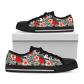 White Tropical Hibiscus Pattern Print Black Low Top Sneakers