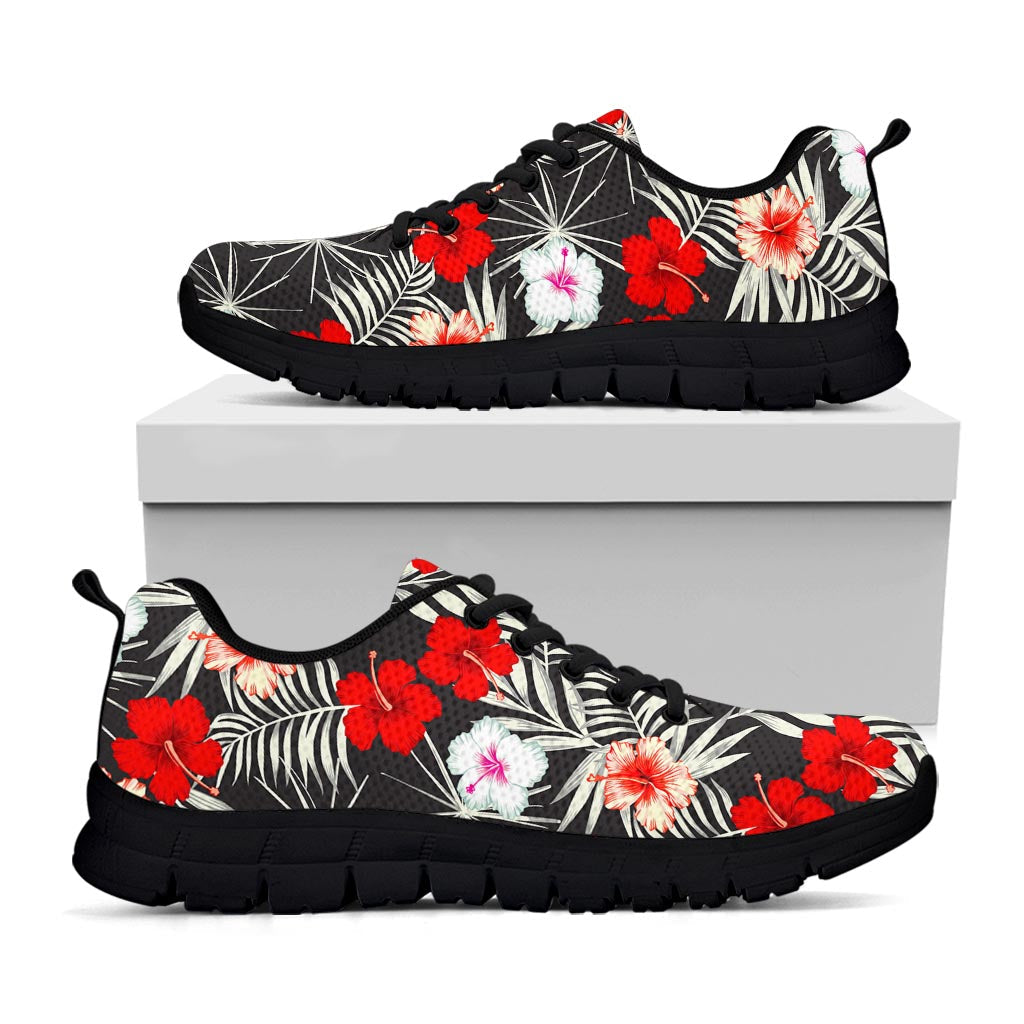 White Tropical Hibiscus Pattern Print Black Running Shoes