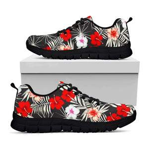 White Tropical Hibiscus Pattern Print Black Running Shoes