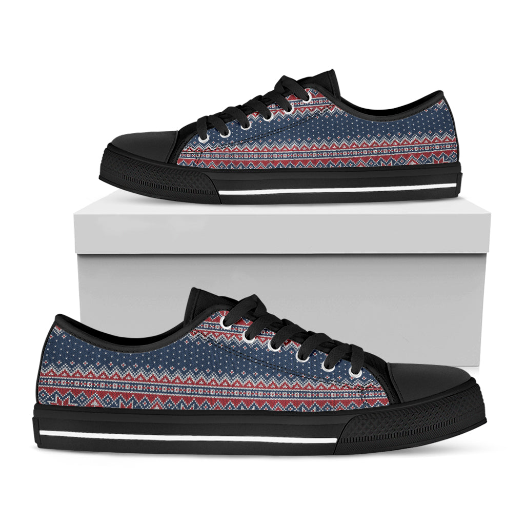 Winter Holiday Knitted Pattern Print Black Low Top Sneakers
