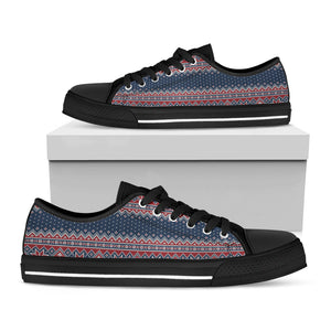 Winter Holiday Knitted Pattern Print Black Low Top Sneakers