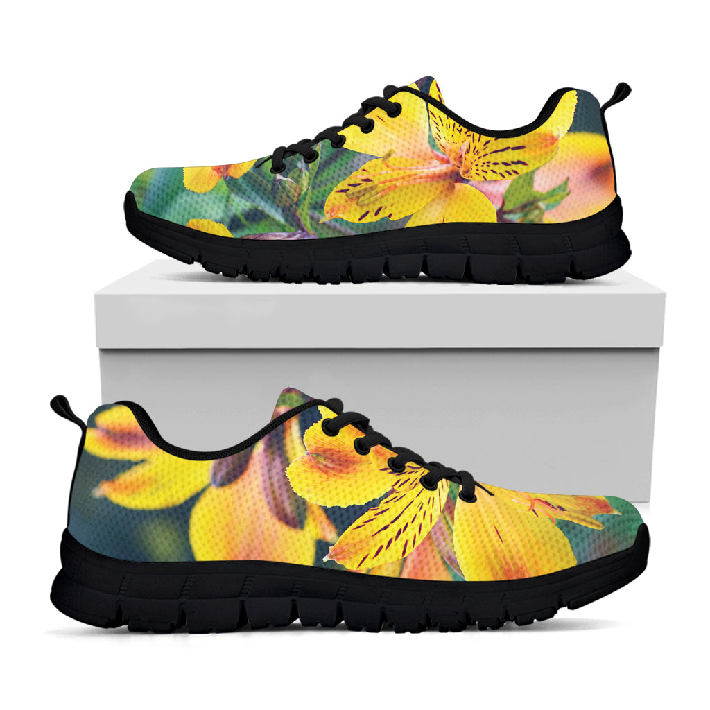 Yellow Alstroemeria Print Black Running Shoes