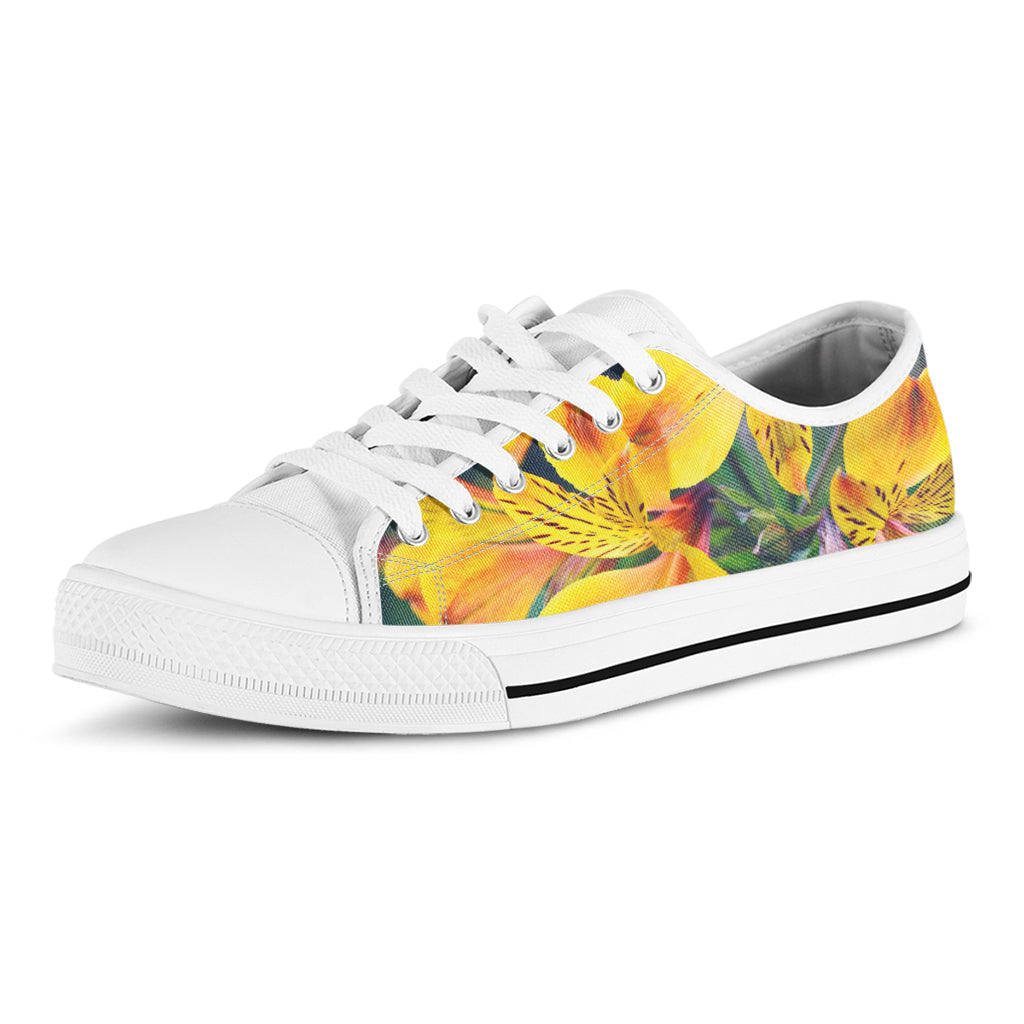 Yellow Alstroemeria Print White Low Top Sneakers