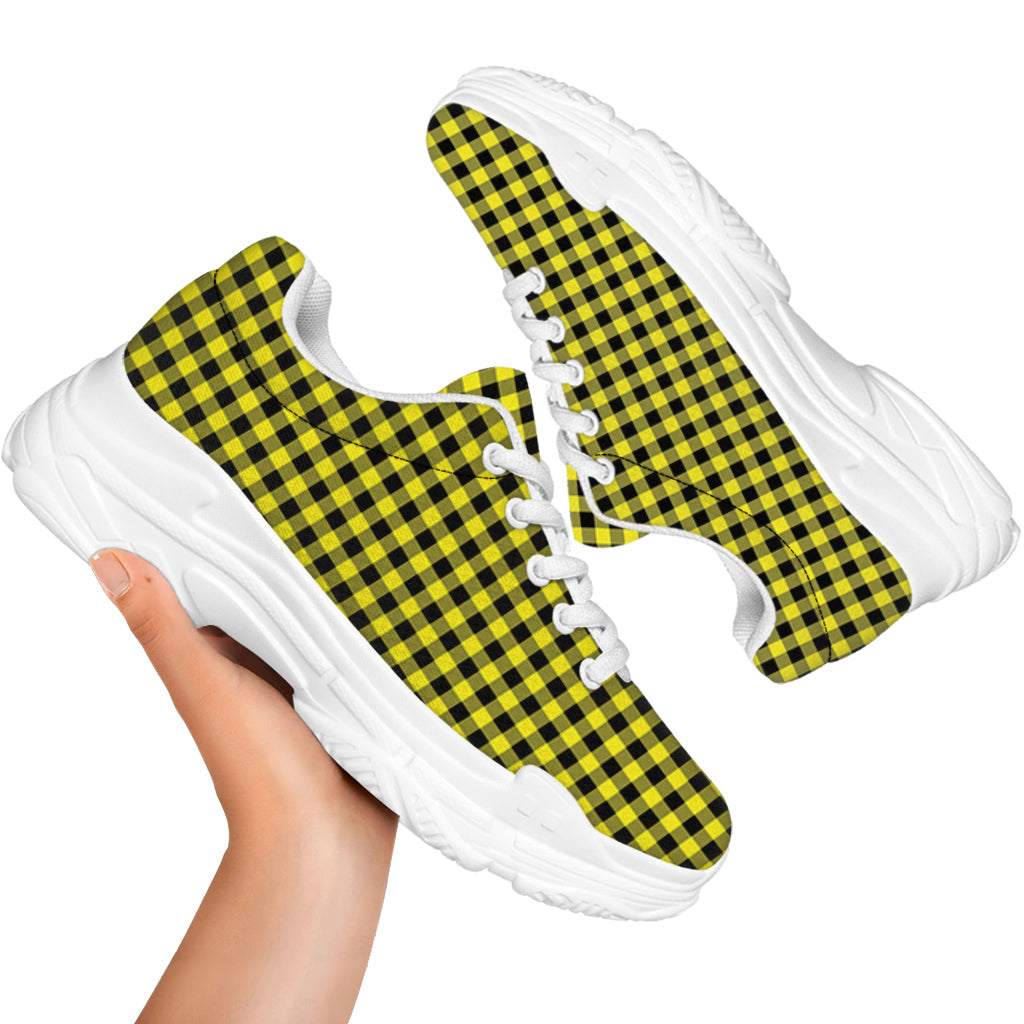 Yellow And Black Check Pattern Print White Chunky Shoes