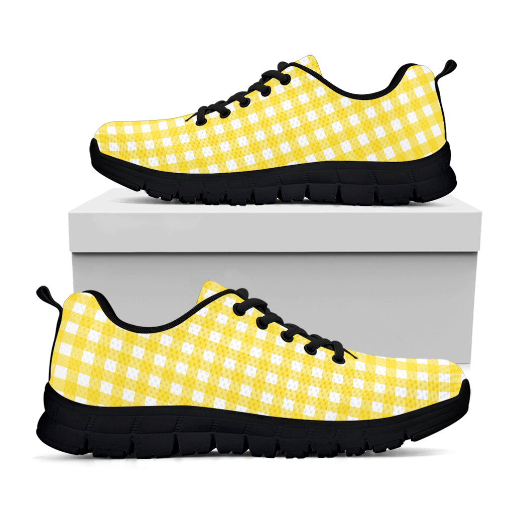 Yellow And White Check Pattern Print Black Running Shoes