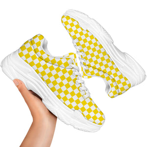 Yellow And White Checkered Pattern Print White Chunky Shoes