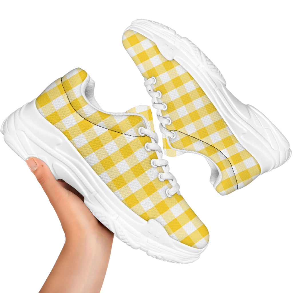 Yellow And White Gingham Pattern Print White Chunky Shoes