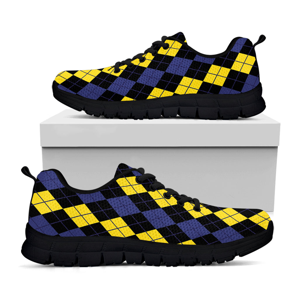 Yellow Black And Blue Argyle Print Black Running Shoes