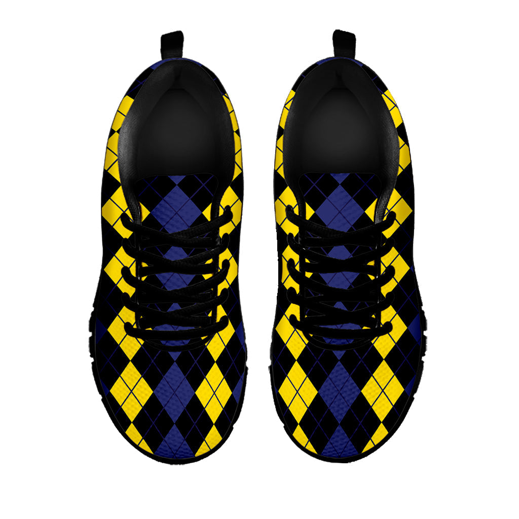 Yellow Black And Blue Argyle Print Black Running Shoes