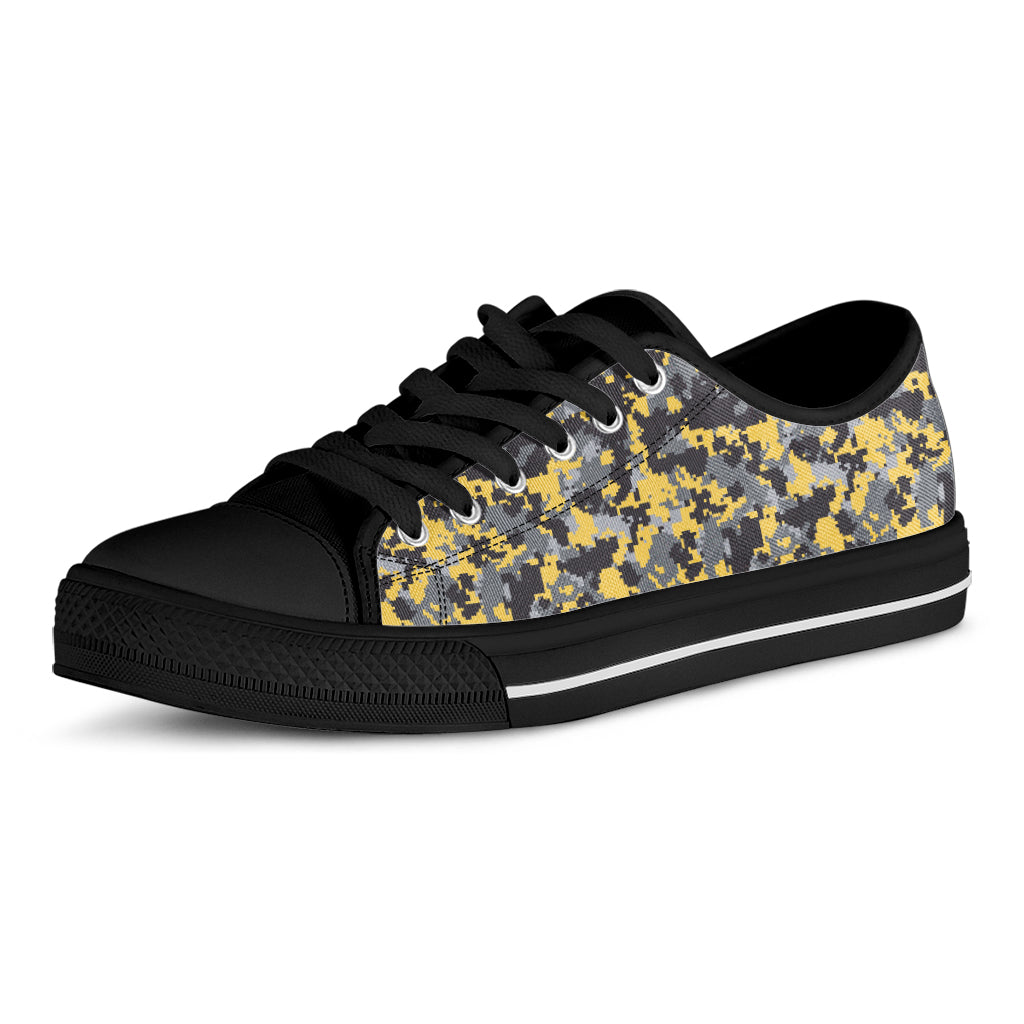 Yellow Black And Grey Digital Camo Print Black Low Top Sneakers