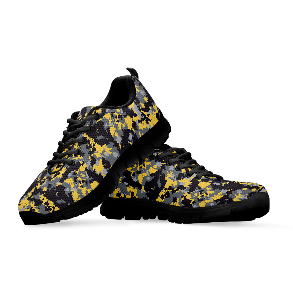 Yellow Black And Grey Digital Camo Print Black Running Shoes