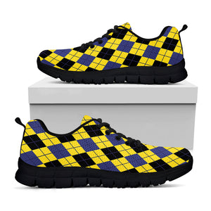 Yellow Blue And Black Argyle Print Black Running Shoes