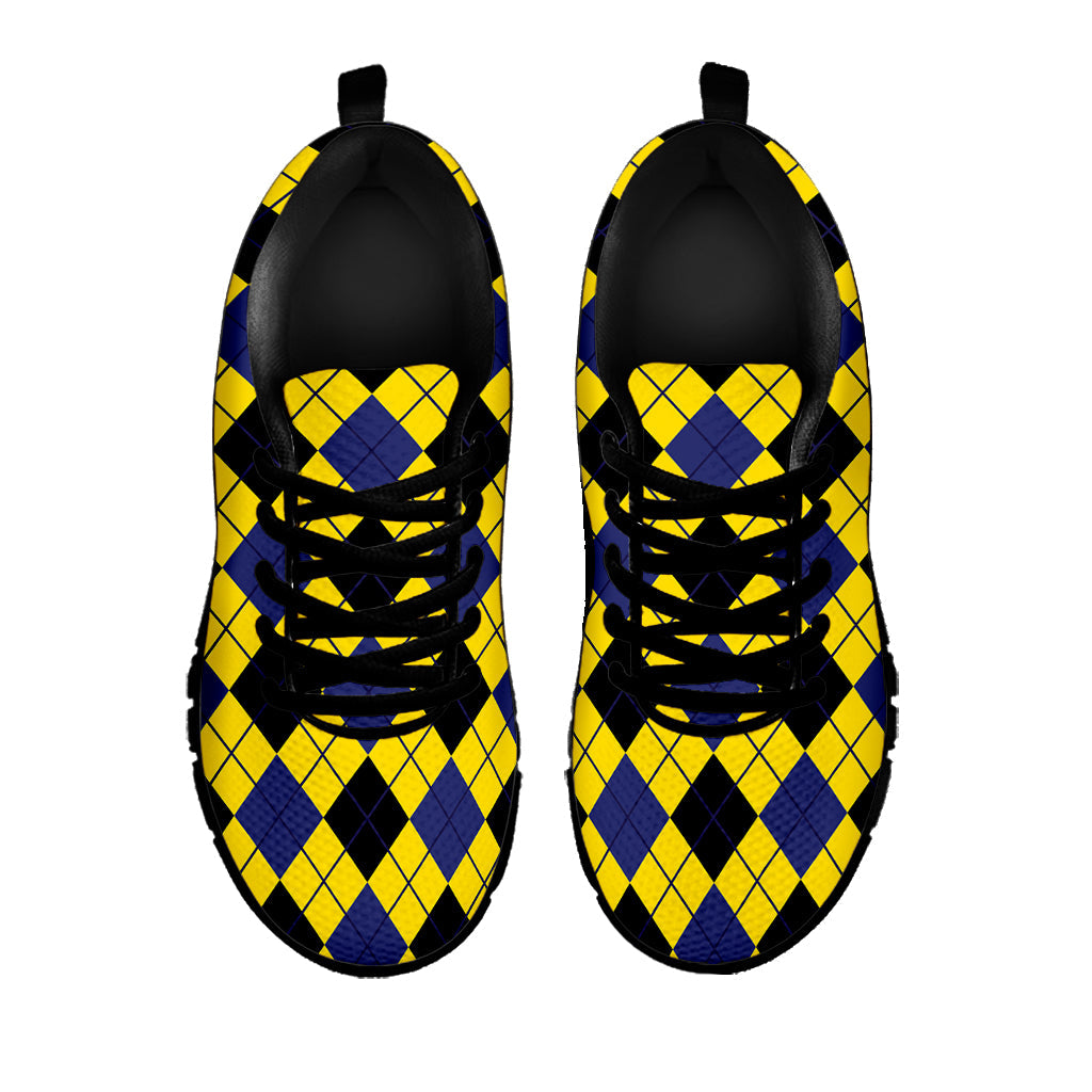 Yellow Blue And Black Argyle Print Black Running Shoes