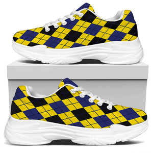 Yellow Blue And Black Argyle Print White Chunky Shoes