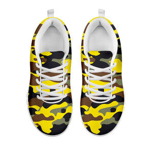 Yellow Brown And Black Camouflage Print White Running Shoes