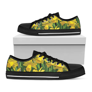 Yellow Daffodil Flower Print Black Low Top Sneakers