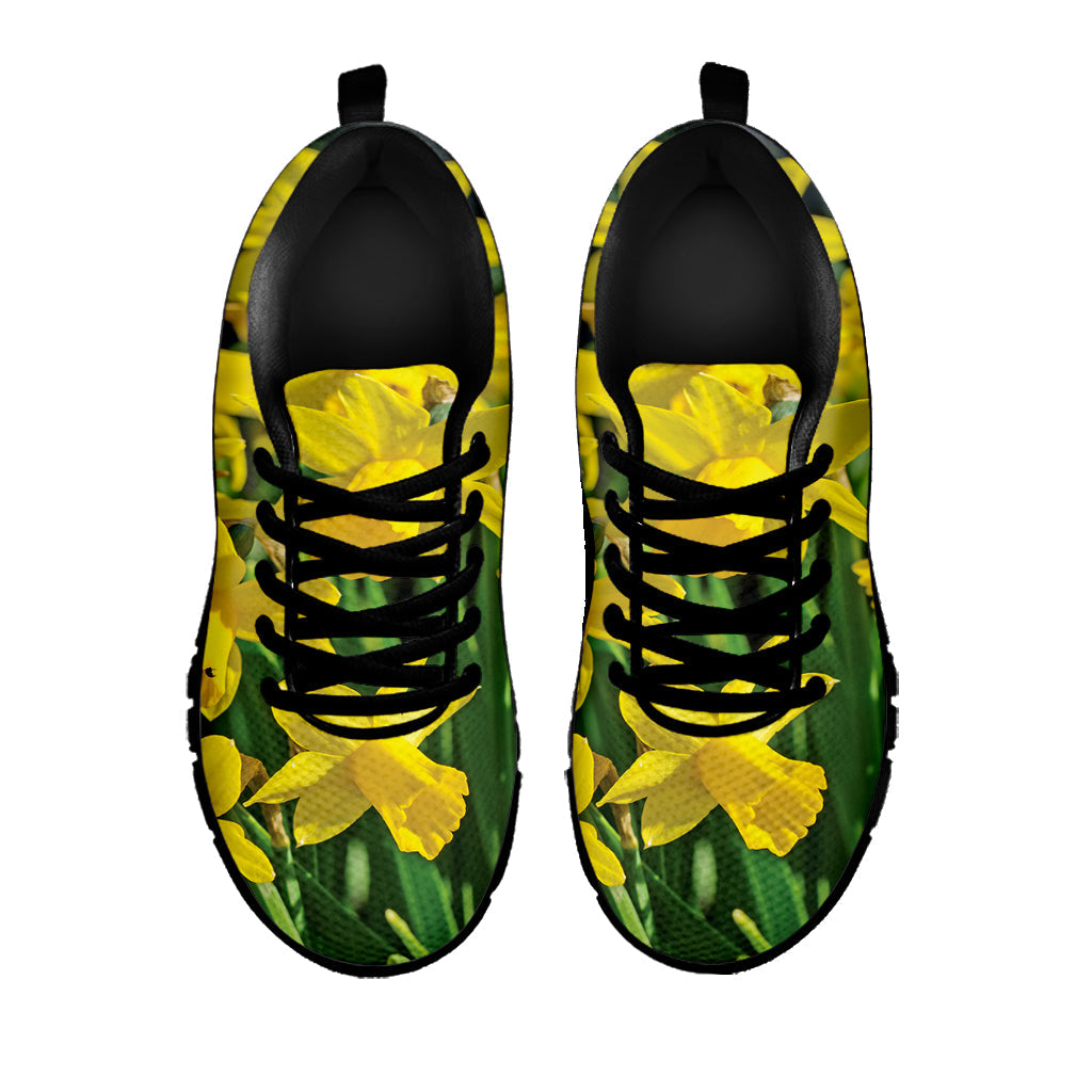 Yellow Daffodil Flower Print Black Running Shoes
