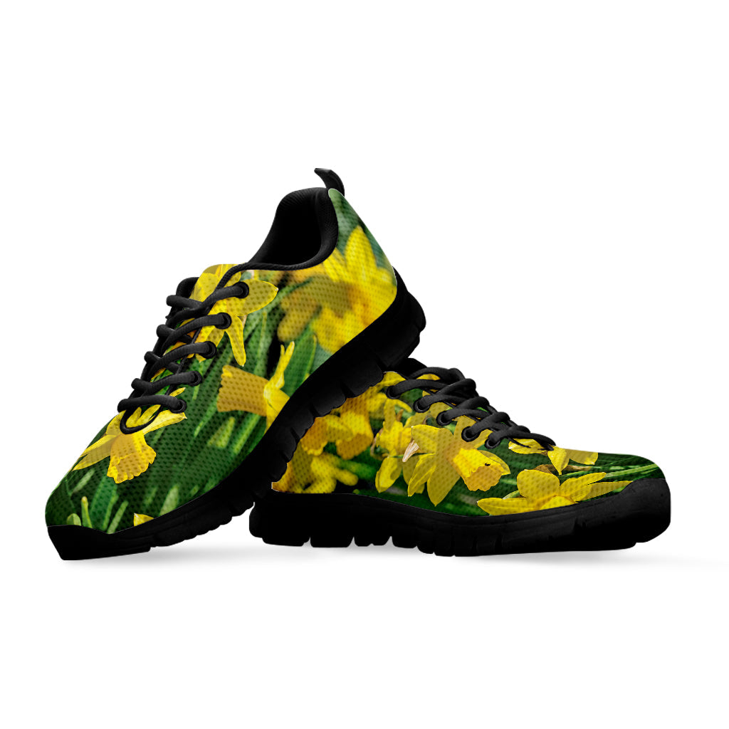 Yellow Daffodil Flower Print Black Running Shoes