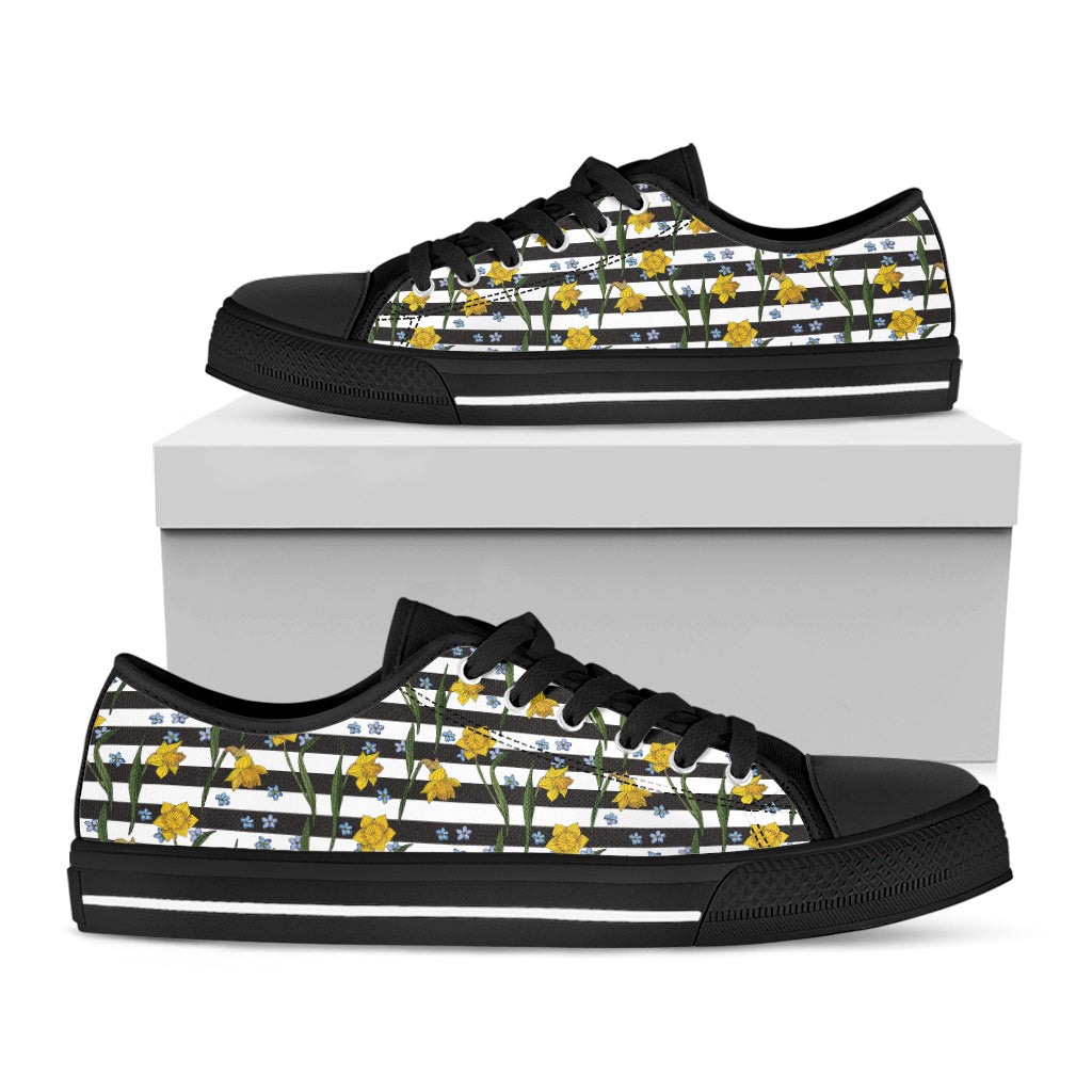 Yellow Daffodil Striped Pattern Print Black Low Top Sneakers