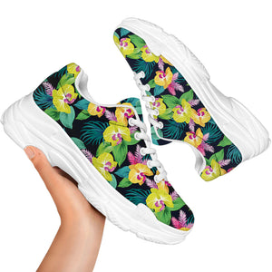 Yellow Orchid Pattern Print White Chunky Shoes