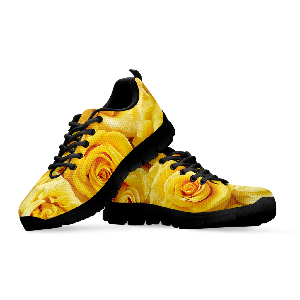 Yellow Rose Print Black Running Shoes