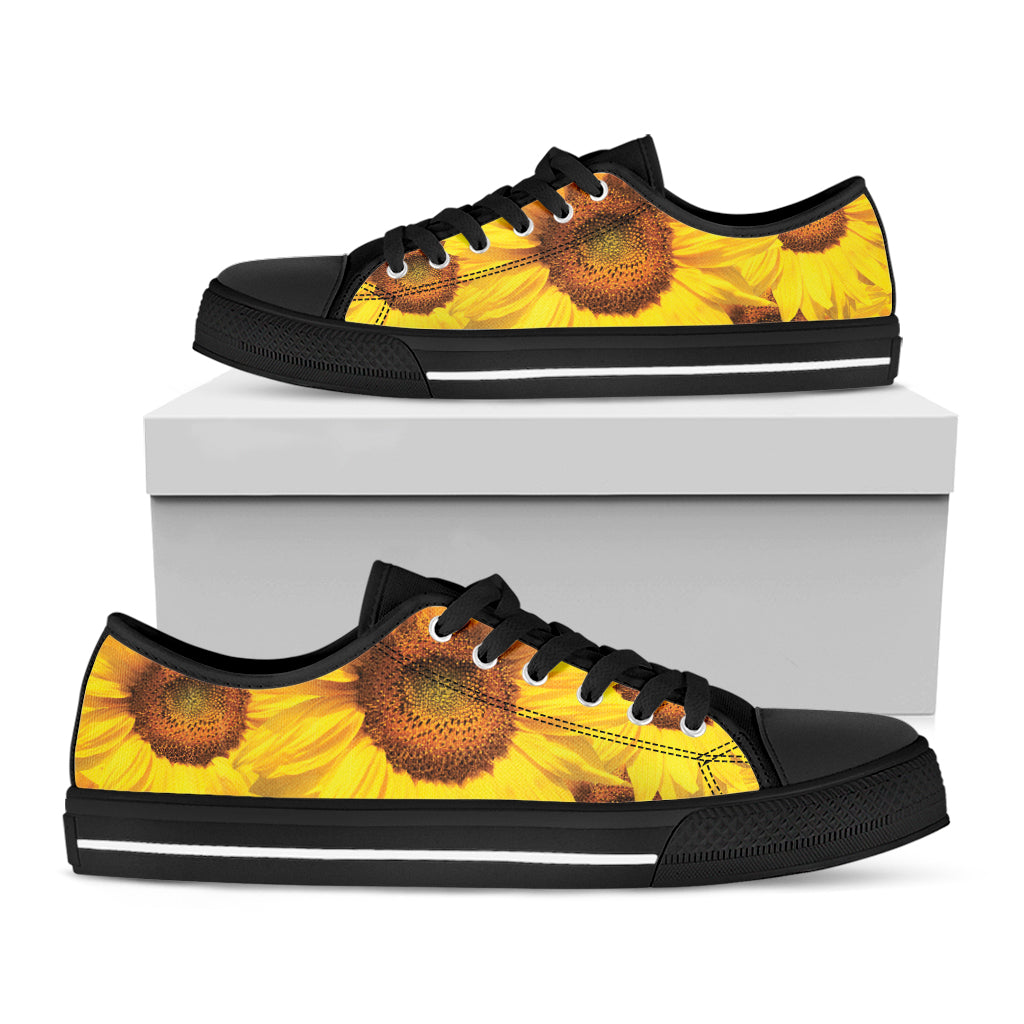 Yellow Sunflower Print Black Low Top Sneakers