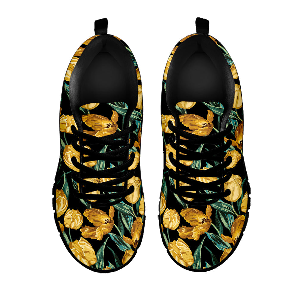 Yellow Tulip Floral Pattern Print Black Running Shoes