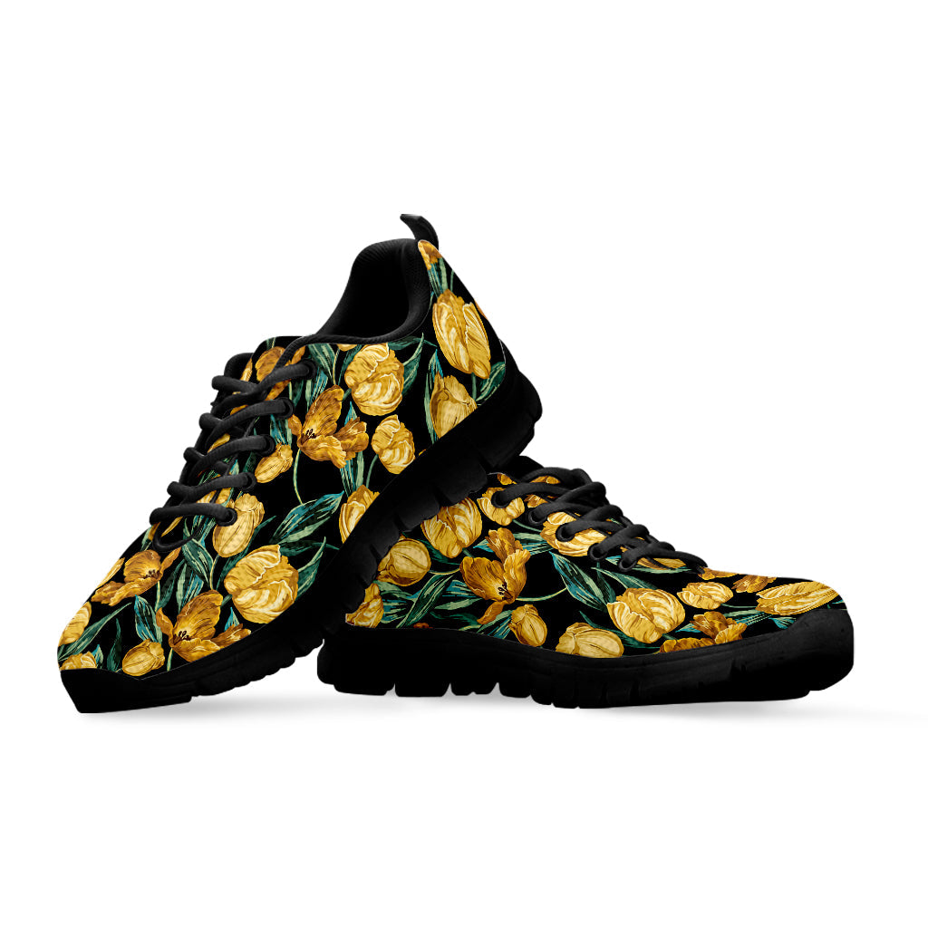 Yellow Tulip Floral Pattern Print Black Running Shoes