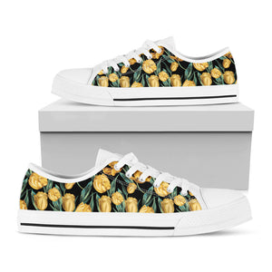 Yellow Tulip Floral Pattern Print White Low Top Sneakers