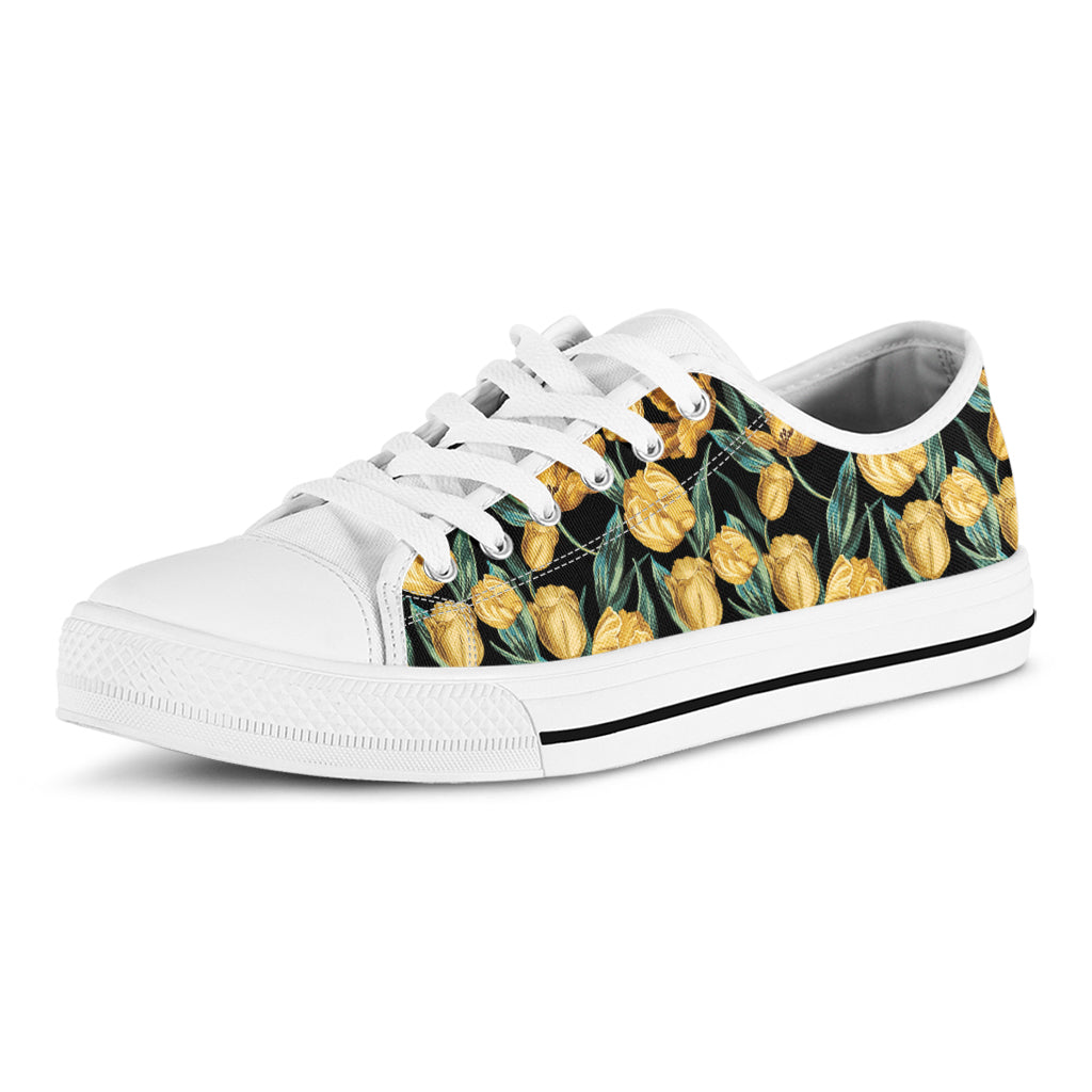 Yellow Tulip Floral Pattern Print White Low Top Sneakers