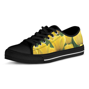 Yellow Tulip Print Black Low Top Sneakers
