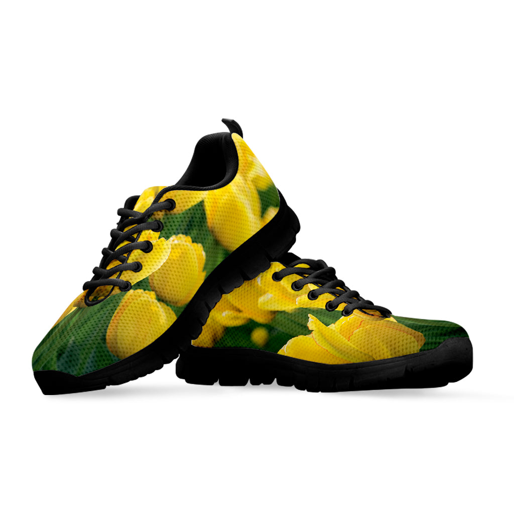 Yellow Tulip Print Black Running Shoes