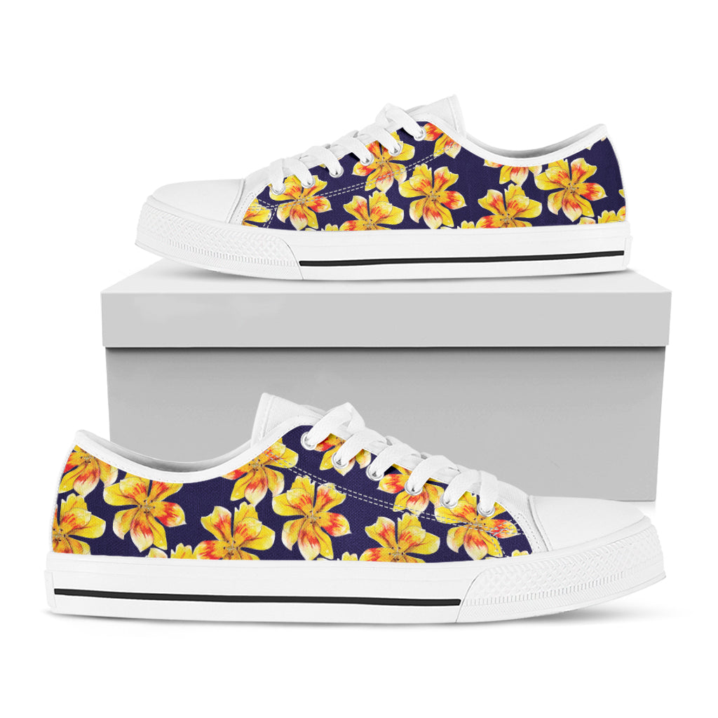 Yellow Watercolor Lily Pattern Print White Low Top Sneakers