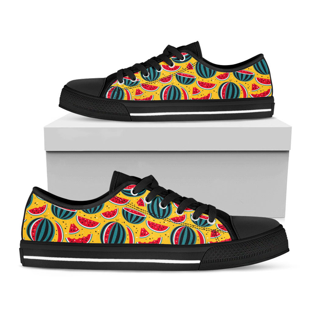 Yellow Watermelon Pieces Pattern Print Black Low Top Sneakers