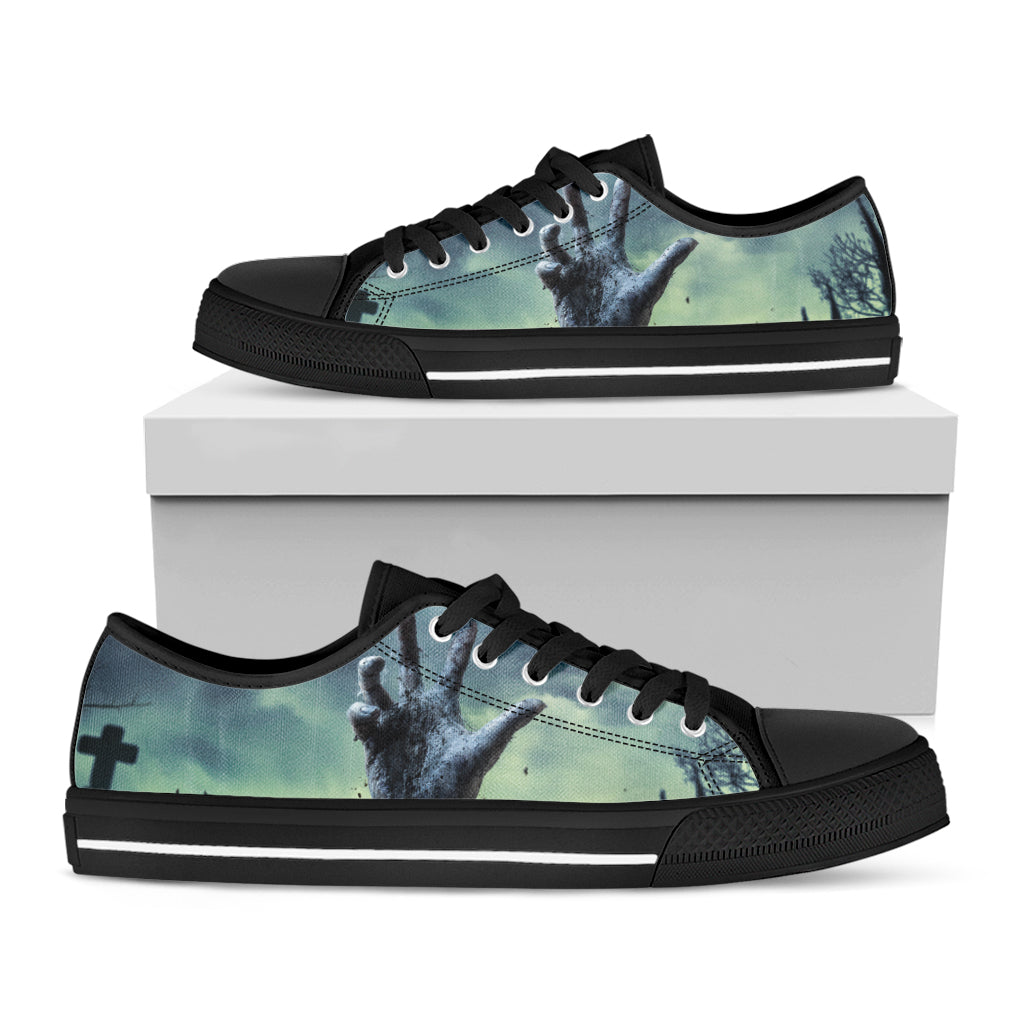 Zombie Hand Rising From Grave Print Black Low Top Sneakers