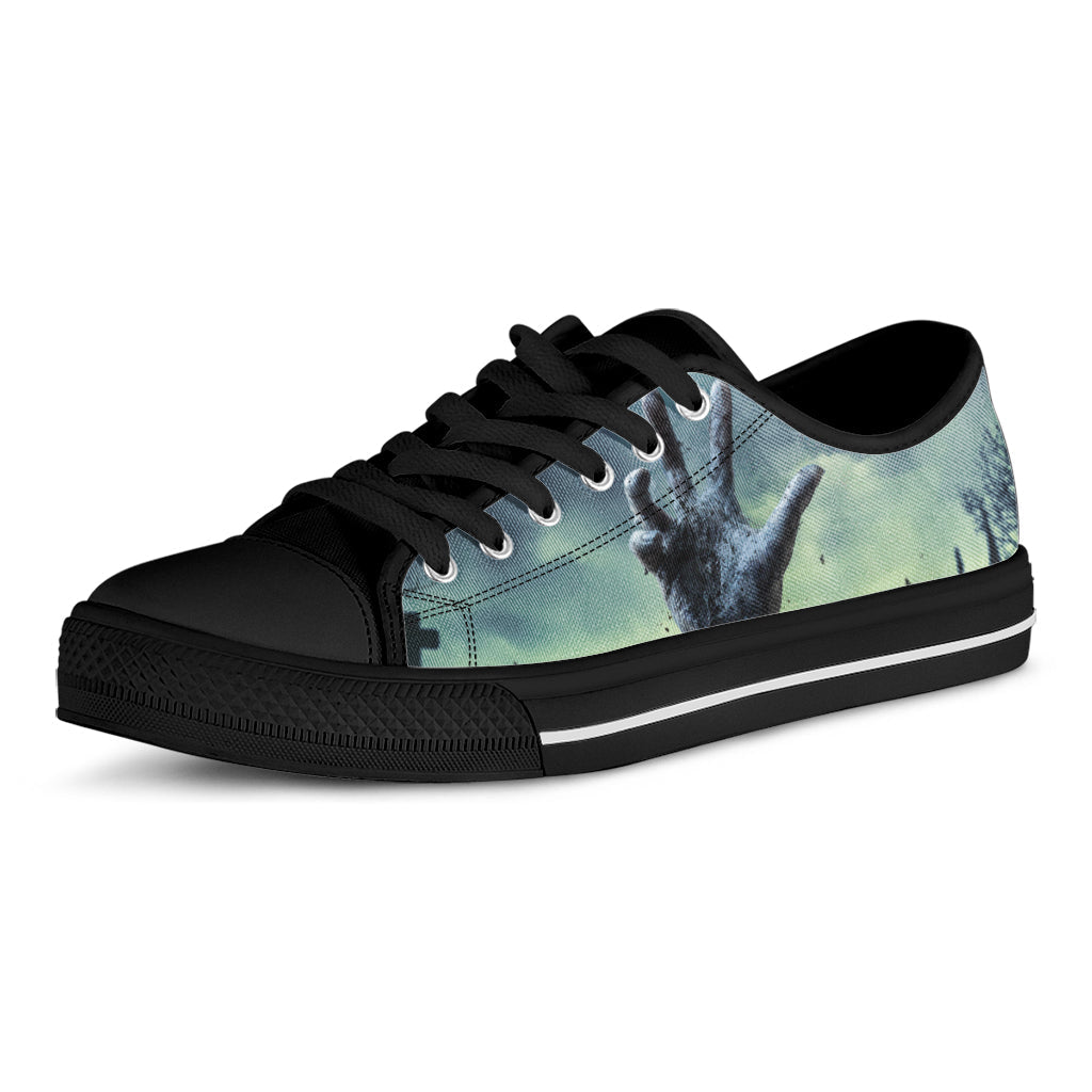 Zombie Hand Rising From Grave Print Black Low Top Sneakers