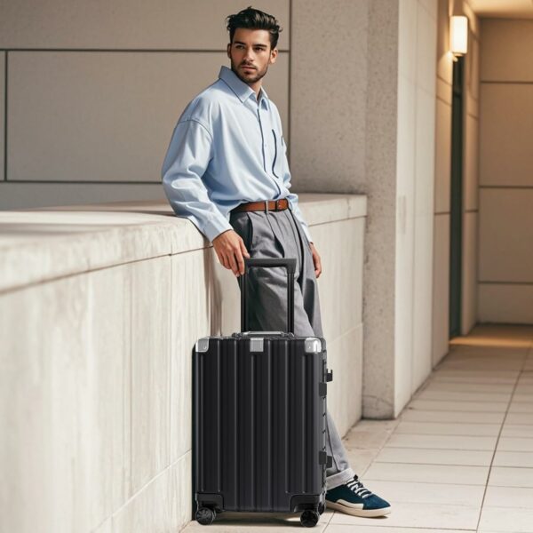 Carry On Luggage Aluminum Frame No Zipper Metal Hardshell PC+ABS Luggage Noble TSA Airline Approved Suitcase with Spinner Wheels 20 Inch Black 2