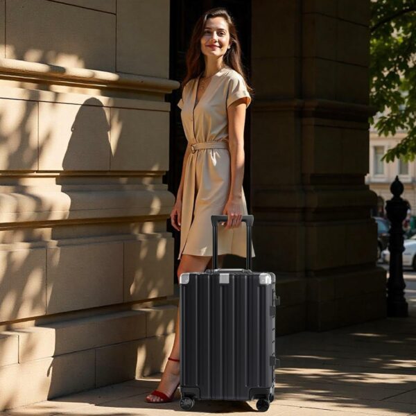 Carry On Luggage Aluminum Frame No Zipper Metal Hardshell PC+ABS Luggage Noble TSA Airline Approved Suitcase with Spinner Wheels 20 Inch Black 3