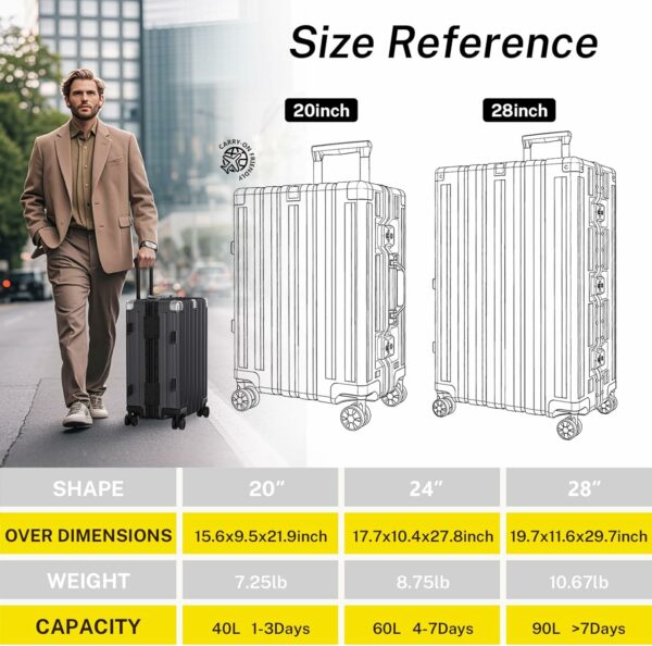 Carry On Luggage Aluminum Frame No Zipper Metal Hardshell PC+ABS Luggage Noble TSA Airline Approved Suitcase with Spinner Wheels 20 Inch Black 4