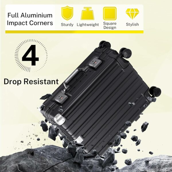 Carry On Luggage Aluminum Frame No Zipper Metal Hardshell PC+ABS Luggage Noble TSA Airline Approved Suitcase with Spinner Wheels 20 Inch Black 8