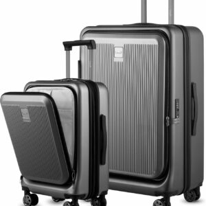 Luggage Sets 2 Piece, 20 Inch Carry On Luggage with USB Port and 28 Inch Checked Luggage with Front Opening, Expandable Suitcase TSA Approve Black