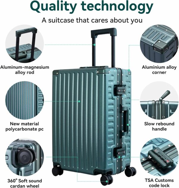 Zipperless Luggage Airline Approved with Aluminum Frame, Lightweight PC Hardside Luggage with Spinner Wheels, Metal Travel Luggage with Double TSA Locks, Carry On 20 Inch, Dark Night Green 2